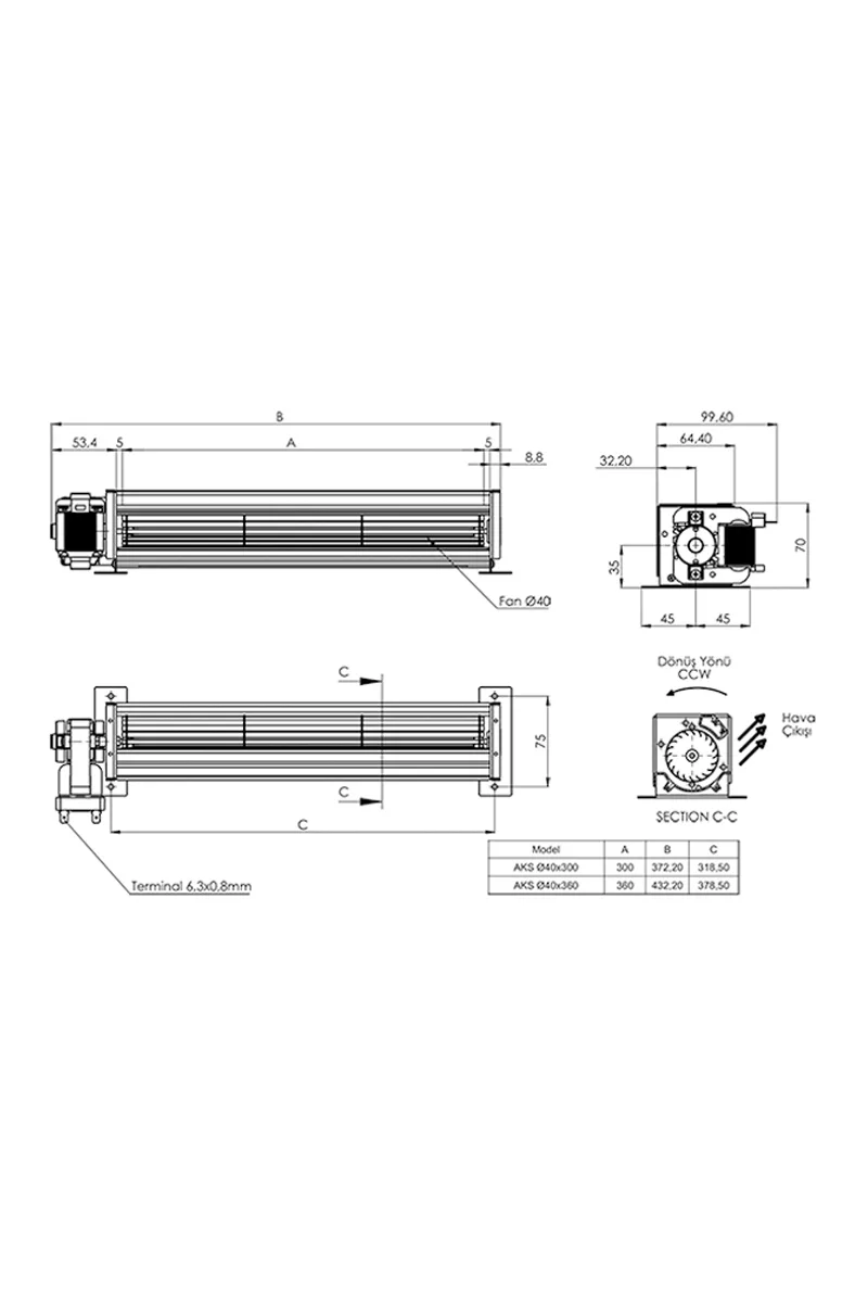 Aircol AKS 40-300 AC 20W 165m3/h Monofaze 40mm Tanjansiyel Radyal Fan görsel 2